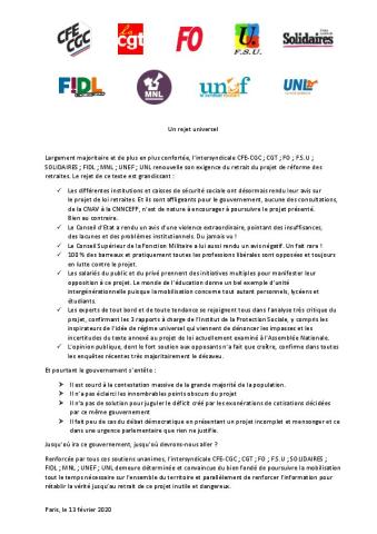 Un rejet universel - Communiqué Interprofessionnel du 13 février 2020