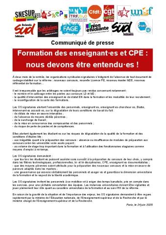 Formation des enseignant·es et CPE : nous devons être entendu·e·s ! - CP intersyndical du 24 juin 2025