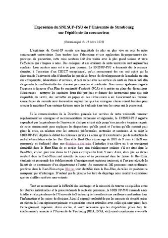 Université de Strasbourg : Expression du SNESUP-FSU sur l’épidémie du coronavirus - Communiqué du 11 mars 2020