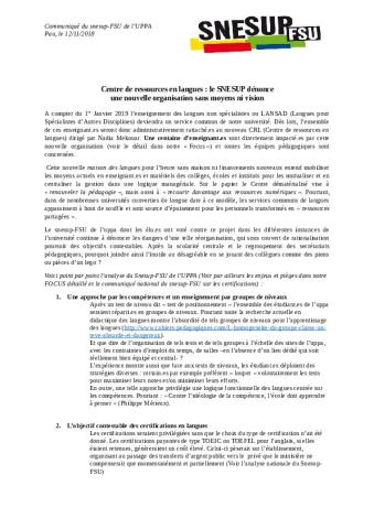 Centre de ressources en langues :  Le SNESUP-FSU dénonce une nouvelle organisation sans moyens ni vision - CP de la section SNESUP-FSU de l'UPPA
