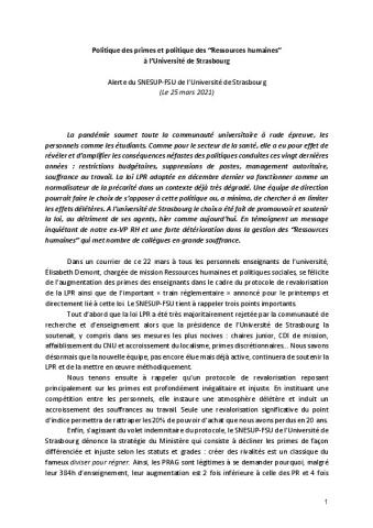 Alerte du SNESUP-FSU : Politique des primes et politique des “Ressources humaines” à l’Université de Strasbourg - Communiqué du 25 mars 2021