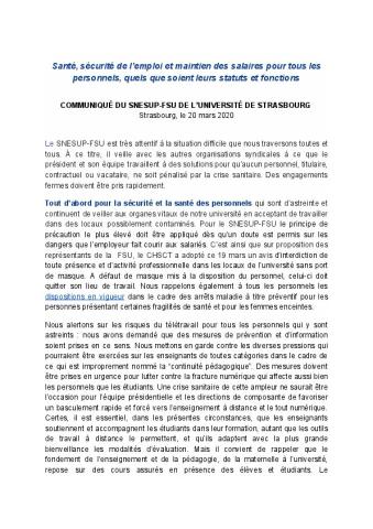 Santé, sécurité de l’emploi et maintien des salaires pour tous les personnels, quels que soient leurs statuts et fonctions -  CP du SNESUP-FSU de l'université de Strasbourg, 20 mars 
