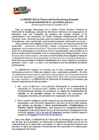 Le SNESUP-FSU de l’Université de Strasbourg demande le retrait immédiat de la « procédure presse » - Communiqué de presse du 9 octobre 2017