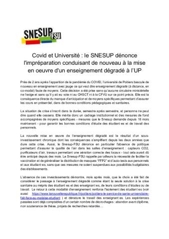 Covid et Université : le SNESUP dénonce l'impréparation conduisant de nouveau à la mise en oeuvre d'un enseignement dégradé à l’UP - CP du SNESUP de l'université de Poitiers du 10 janvier 2022
