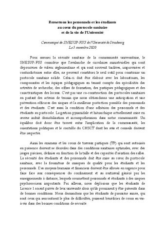 Université de Strasbourg : Remettons les personnels et les étudiants  au cœur du protocole sanitaire et de la vie de l’Université - CP du Snesup-Fsu Strasbourg du 5 novembre 2020