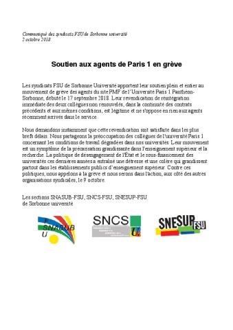 Sorbonne Université : Soutien aux agents de Paris 1 en grève - Communiqué intersyndical, 2 octobre 2018