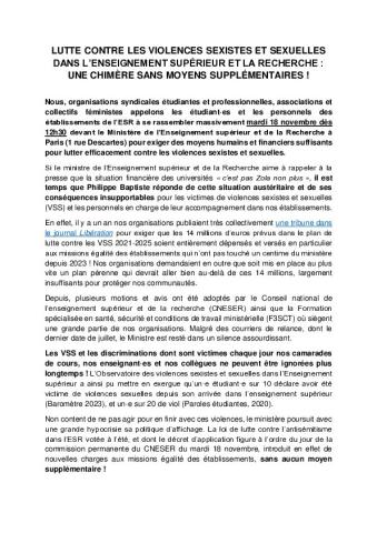 Lutte contre les VSS dans l'ESR : une chimère sans moyens supplémentaires ! - Appel intersyndical pour le 18 novembre 2025