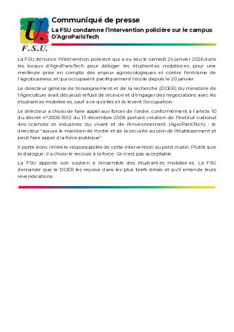 La FSU condamne l’intervention policière sur le campus D’AgroParisTech - Communiqué FSU du 24 janvier 2026