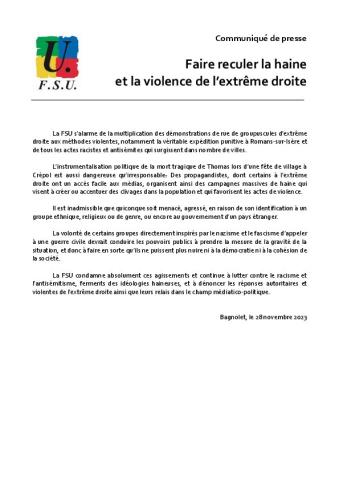 Faire reculer la haine et la violence de l’extrême droite - Communiqué de presse FSU du 28 novembre 2023 