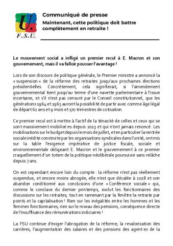 Maintenant, cette politique doit battre complètement en retraite ! - Communiqué de la FSU du 15 octobre 2025