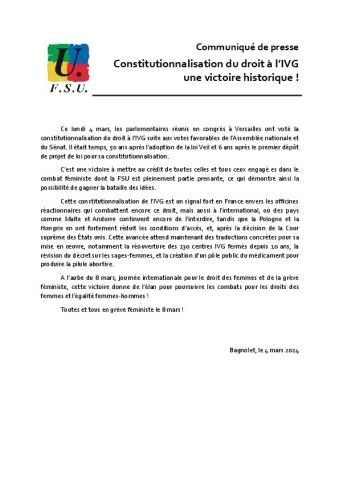 Constitutionnalisation du droit à l'IVG : une victoire historique ! - Communiqué de presse FSU du 4 mars 2024