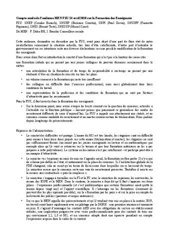 Compte rendu de l’audience MEN FSU 24 avril 2018 sur la Formation des enseignants