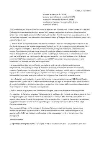 Lettre des enseignant·es MEEF 1er degré de l'INSPE de Créteil sur l'alternance