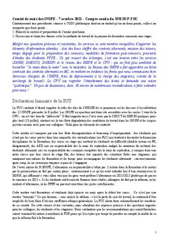 Compte-rendu du Comité du suivi des INSPÉ du 7 octobre 2021 