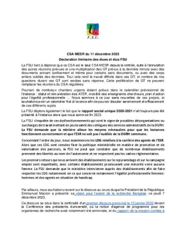 Les organisations syndicales quittent le CSA MESR du 11 décembre 2023 avant le vote des LDG