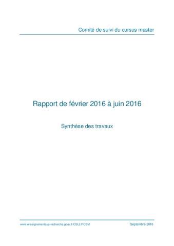 Comité de suivi du cursus master : Rapport de février 2016 à juin 2016