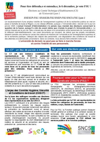Elections professionnelles - Profession de foi et liste de candidat.es FSU CT Lyon 1
