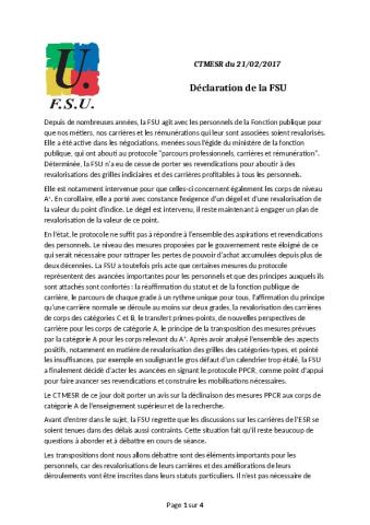 CTMESR du 21 février 2017 : déclaration de la FSU