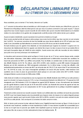 Déclaration FSU au CTMESR du 14 décembre 2020