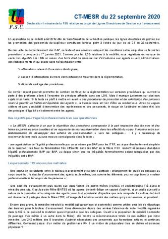 CT-MESR du 22 septembre 2020 - déclaration liminaire de la FSU