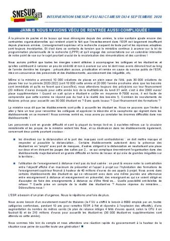 Jamais nous n'avons vécu de rentrée aussi compliquée ! - Déclaration liminaire du SNESUP-FSU - CT-MESR du 4 septembre 2020 