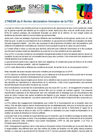 CTMESR du 5 février 2020 - Déclaration liminaire de la FSU 
