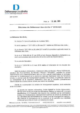 Rapport du défenseur des droits sur la procédure Parcoursup - 18 janvier 2019