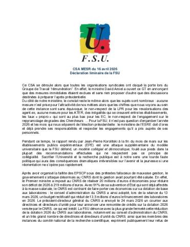 Déclaration de la FSU au CSA du 16 avril 2026