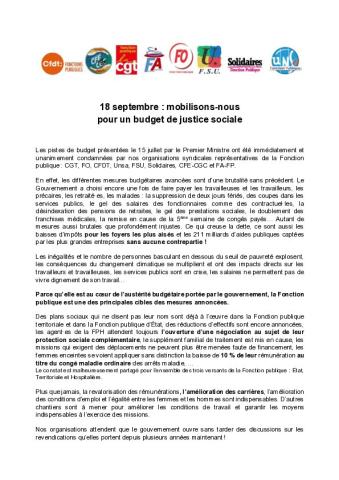 18 septembre : mobilisons-nous pour un budget de justice sociale - Communiqué intersyndical de la Fonction publique 10 septembre 2025