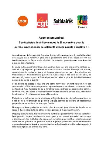 Syndicalistes : Mobilisons nous le 29 novembre pour la journée internationale de solidarité avec le peuple palestinien ! - Appel intersyndical du 20 novembre 2025