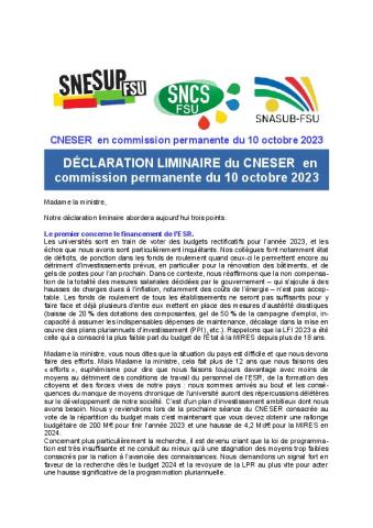 DECLARATION LIMINAIRE du CNESER en commission permanente du 10 octobre 2023