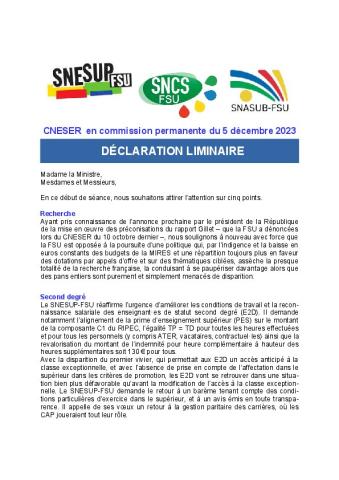 DECLARATION LIMINAIRE du CNESER en commission permanente du 5 décembre 2023