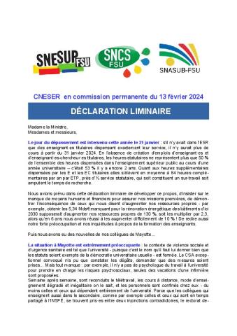 DECLARATION LIMINAIRE du CNESER en commission permanente du 13 février 2024