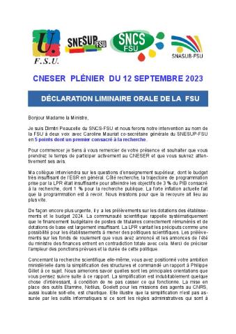 DECLARATION LIMINAIRE ORALE DE LA FSU AU CNESER PLENIER DU 12 SEPTEMBRE 2023