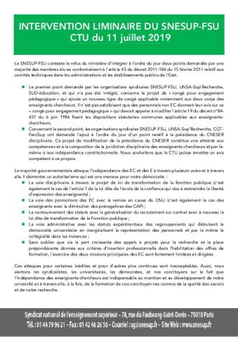 INTERVENTION LIMINAIRE du SNESUP-FSU  - CTU du 11 juillet 2019 
