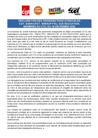 Déclaration commune CGT, SGEN-CFDT, SNESUP-FSU, SUD EDUCATION au CTU du 18 décembre 2020 