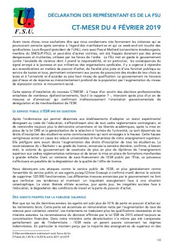 DÉCLARATION DES REPRÉSENTANT·ES DE LA FSU  - CT-MESR DU 4 FÉVRIER 2019