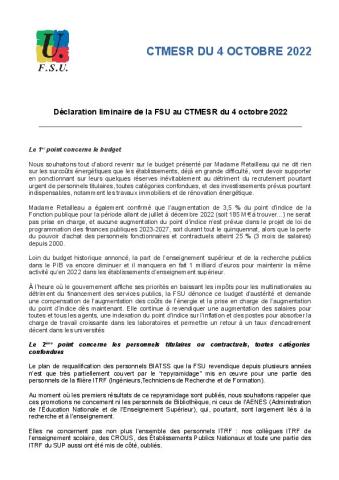 Déclaration de la FSU au CT MESR du 4 octobre 2022