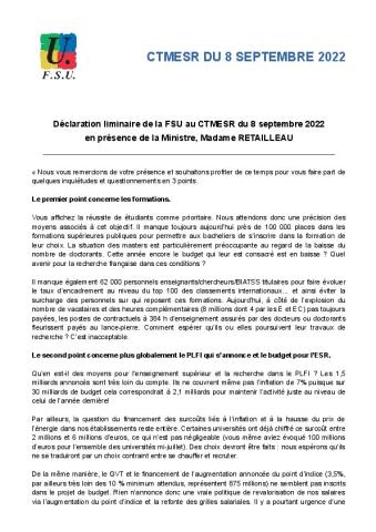 Déclaration liminaire de la FSU au CTMESR du 8 septembre 2022