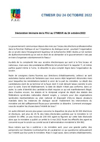Déclaration liminaire de la FSU au CT MESR du 24 octobre 2022