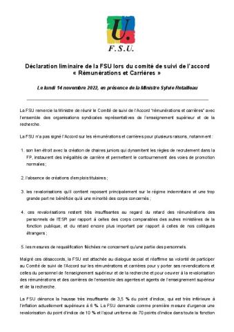 Déclaration liminaire de la FSU lors du comité de suivi de l’accord LPR « Rémunérations et Carrières » du 14 novembre 2022