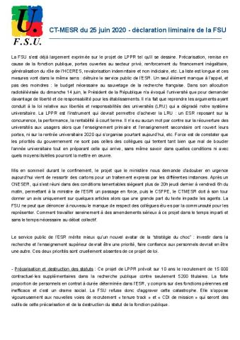 CT-MESR du 25 juin 2020 - déclaration liminaire de la FSU