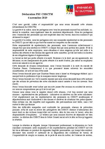 Conditions de travail : déclaration de la FSU au CHSCT-MEN du 6 novembre 2019