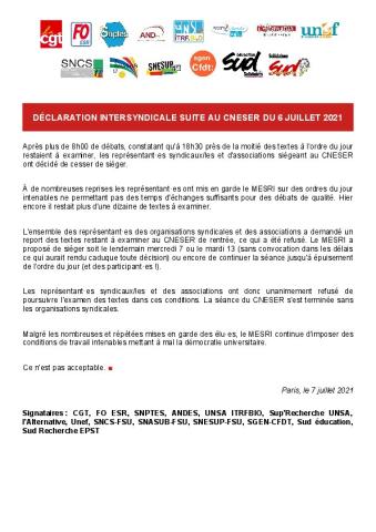 Déclaration intersyndicale suite au CNESER du 6 juillet 2021