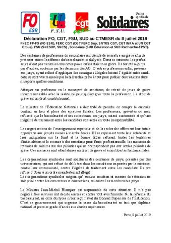 Déclaration intersyndicale au CTMESR du 8 juillet 2019