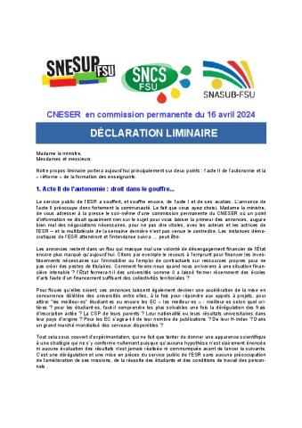 DECLARATION LIMINAIRE du CNESER en commission permanente du 16 avril 2024