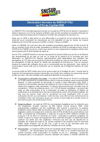 INTERVENTION LIMINAIRE du SNESUP-FSU - CTU du 2 juillet 2020