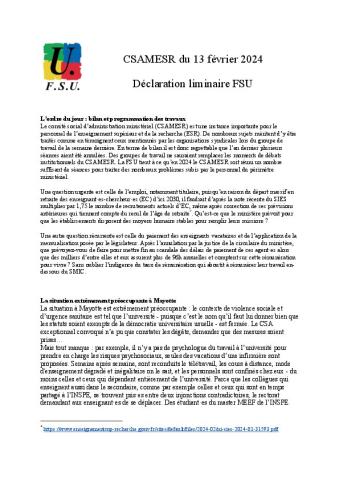CSAMESR du 13 février 2024 - déclaration liminaire de la FSU