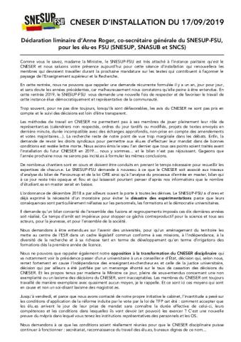 CNESER d'installation du 17 septembre 2019 - Déclaration liminaire d'Anne ROGER pour les élu.es FSU 
