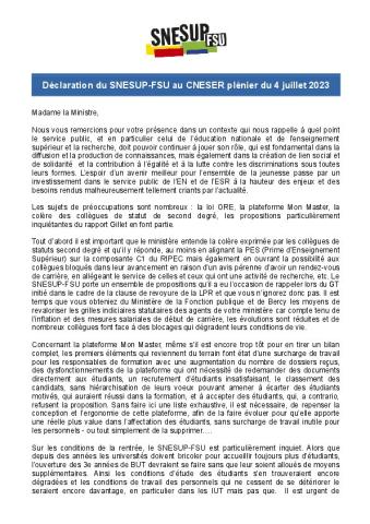 Déclaration du SNESUP-FSU au CNESER plénier du 4 juillet 2023